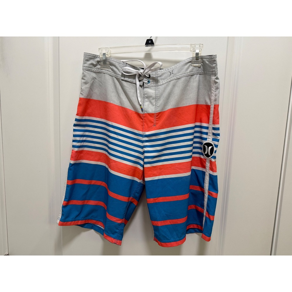 Hurley Phantom Mens Board Shorts Blue Orange Striped Buckle Exclusive Size 32